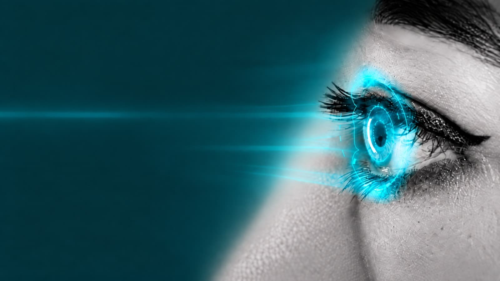 Primer plano de un ojo con un trazo luminoso que se proyecta sobre el color del encabezado