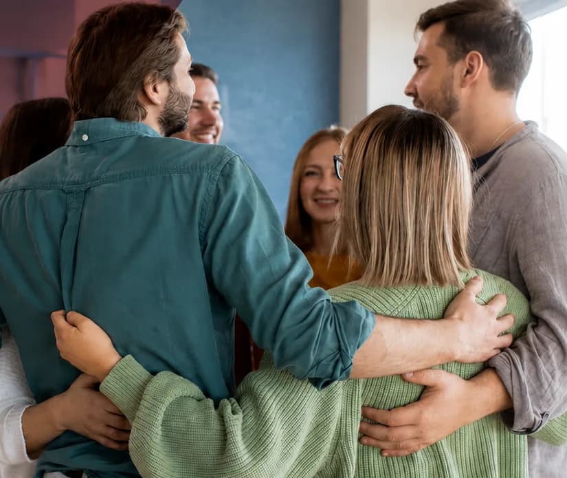 Un grupo de personas abrazadas, de espaldas, conversando en una sala