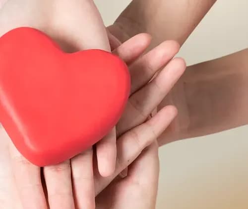 Varias manos sostienen juntas un corazón rojo
