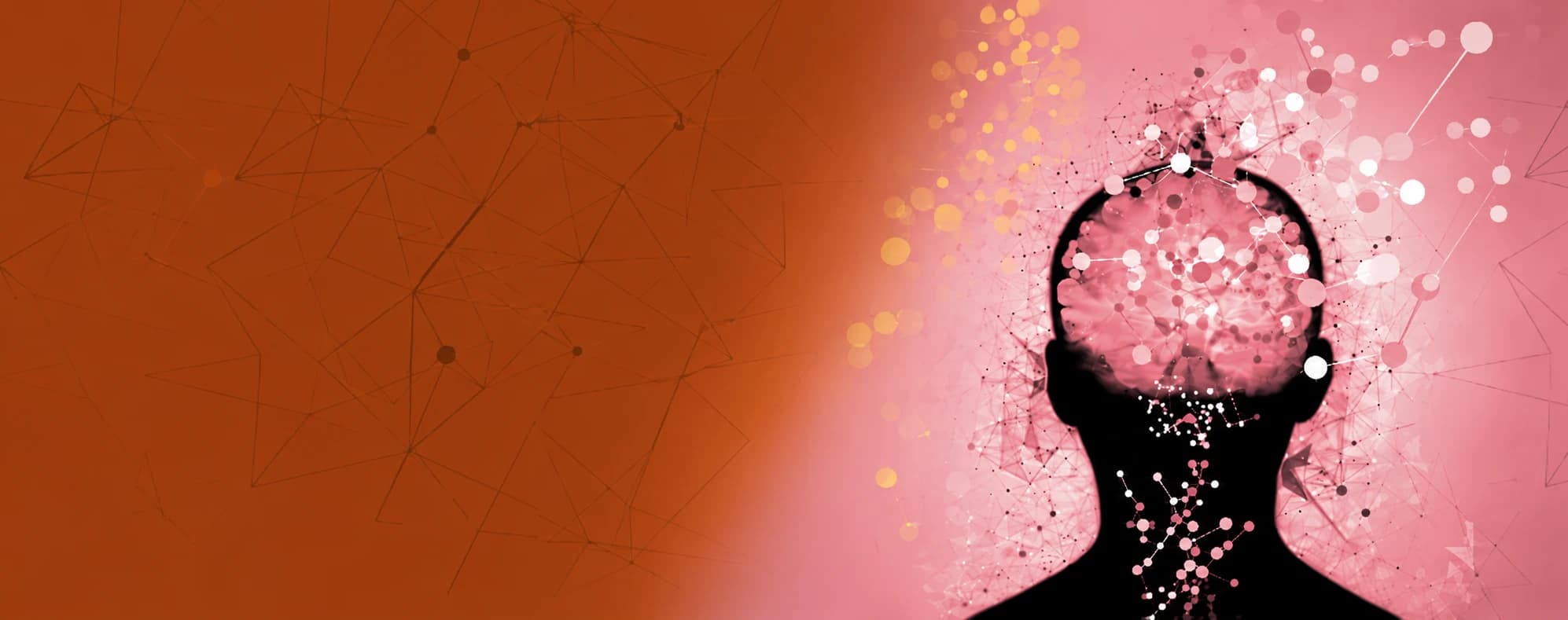 Silueta de una cabeza con el cerebro dibujado con partículas y conexiones, sobre el color del encabezado