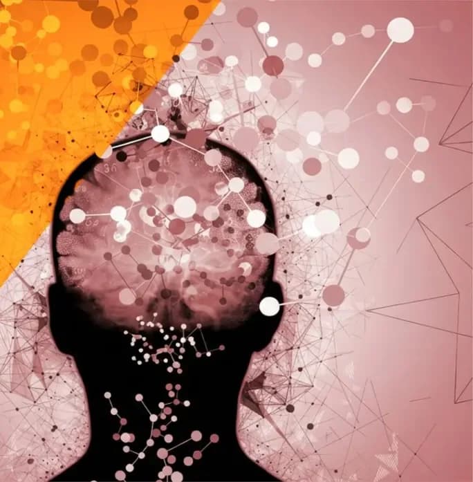 Silueta de una cabeza con el cerebro dibujado con partículas y conexiones