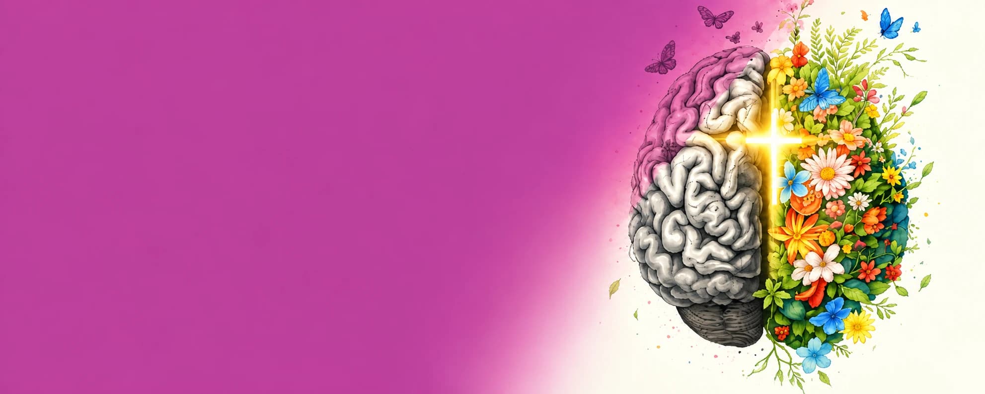 Ilustración de un cerebro: una mitad gris y la otra florecida, con una cruz luminosa al centro, sobre el color del encabezado