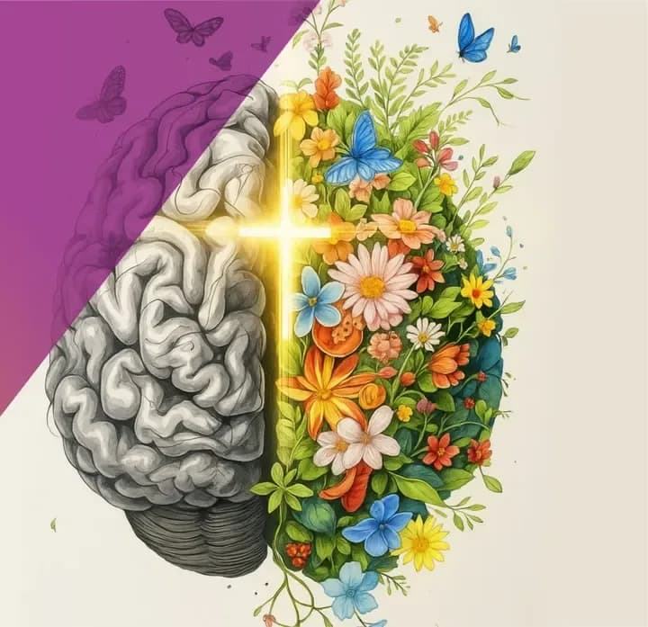 Ilustración de un cerebro: una mitad gris y la otra florecida, con una cruz luminosa al centro