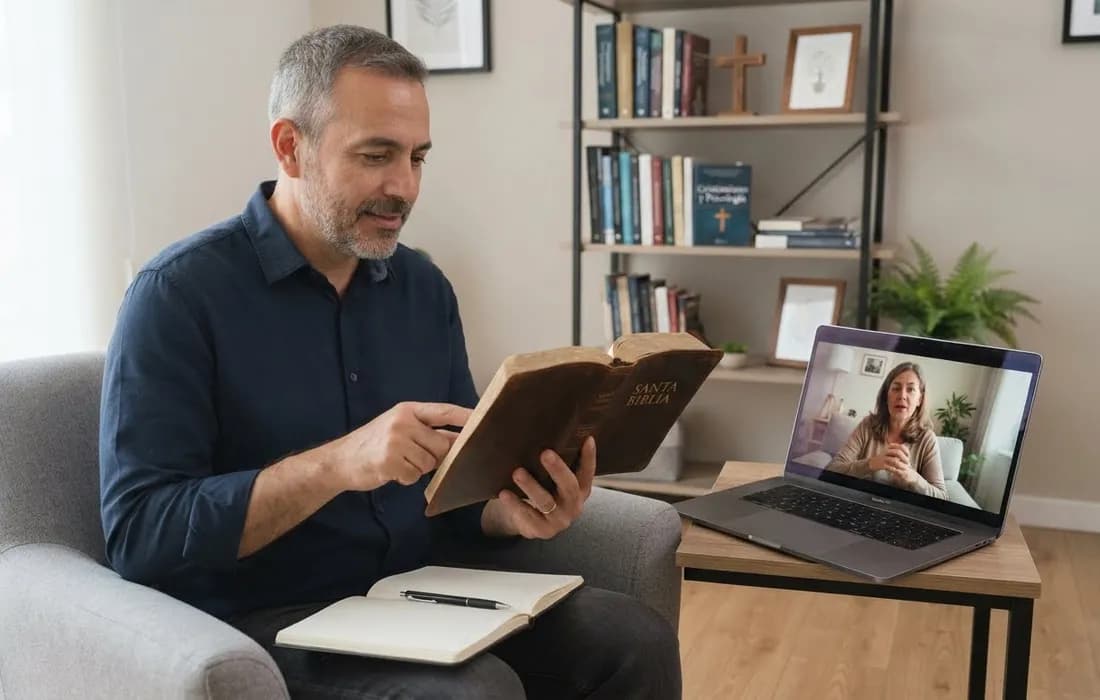 Un hombre lee la Biblia con un cuaderno sobre las piernas mientras sigue una clase por videollamada