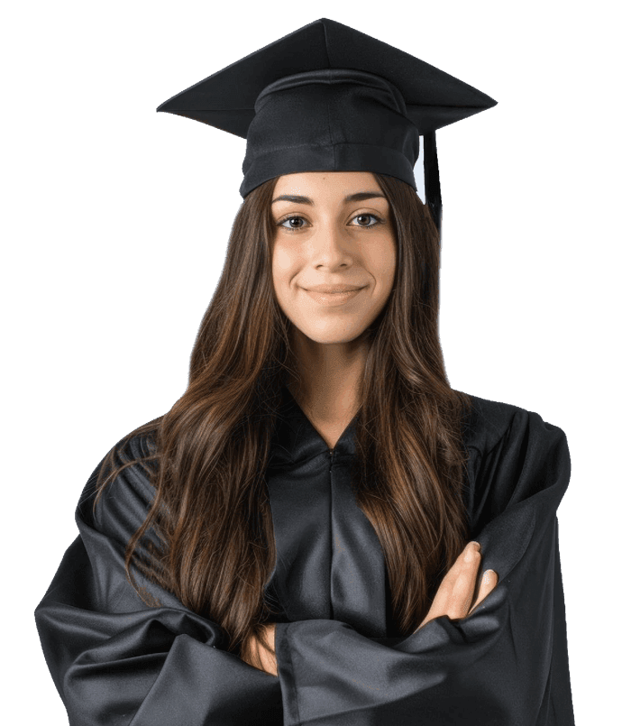 Una graduada con birrete y toga, de brazos cruzados